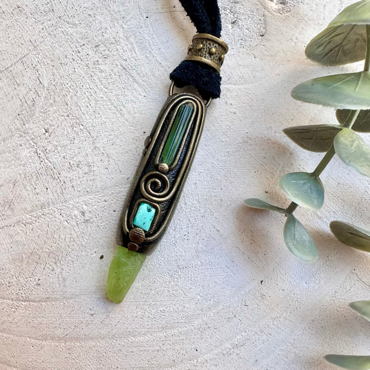 Handmade gemstone necklace with green and blue healing crystals