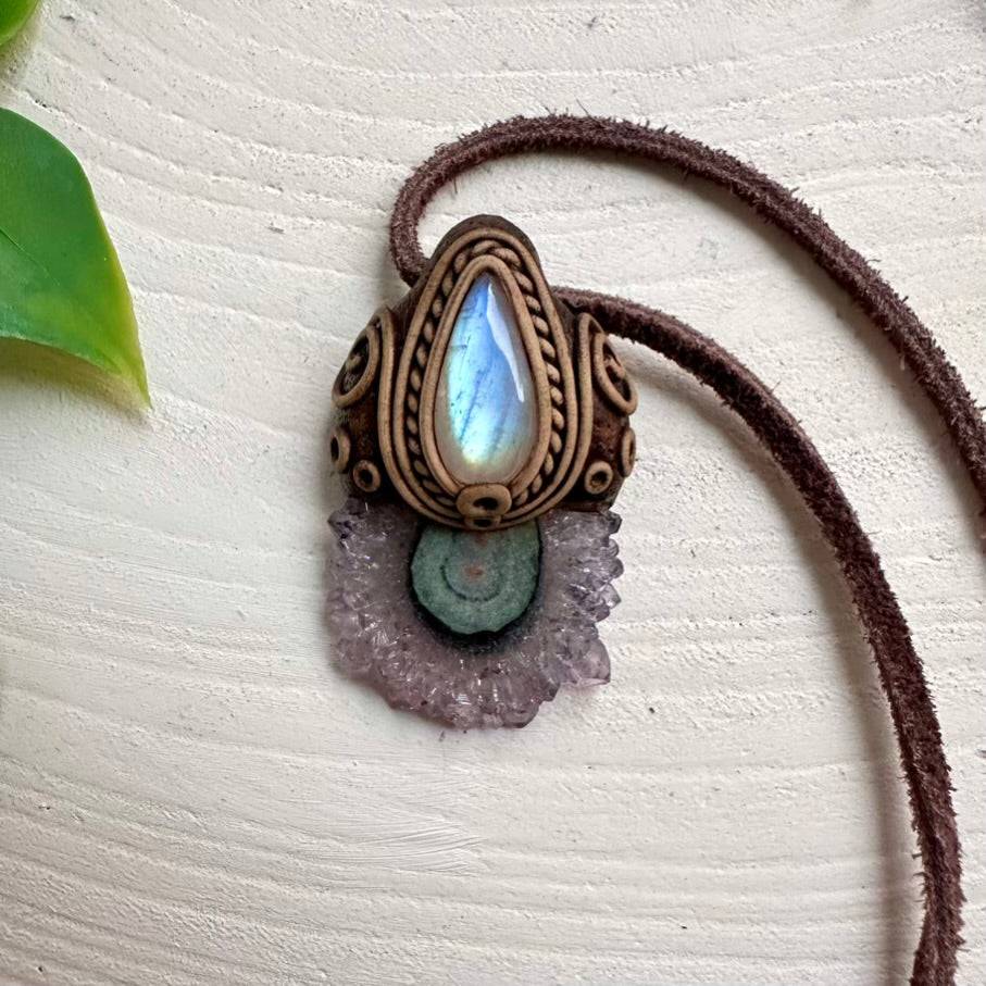 Amethyst Stalactite and Rainbow Moonstone Necklace