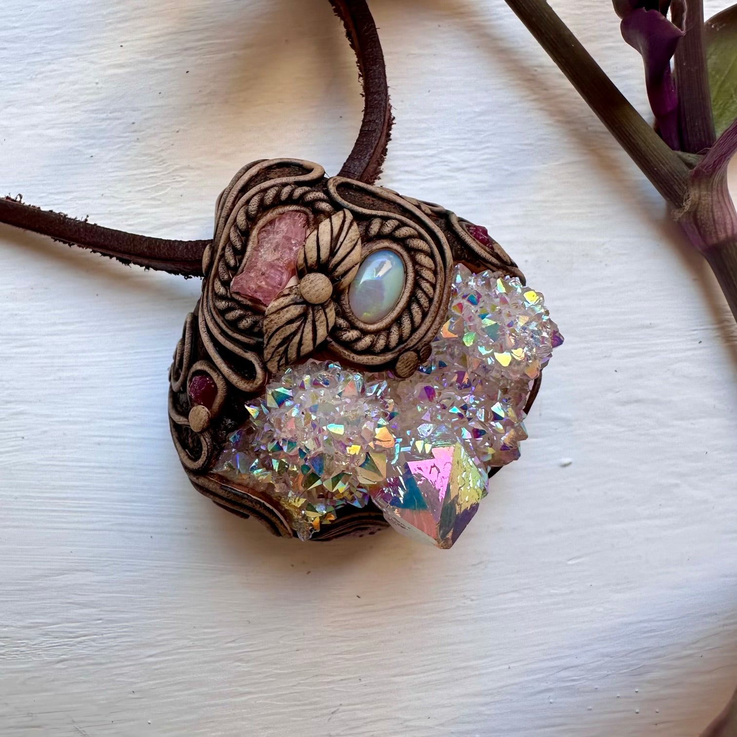 Angel Aura Spirit Quartz Spinel Australian Opal and Ruby Pendant Necklace - FairyGardenGlow