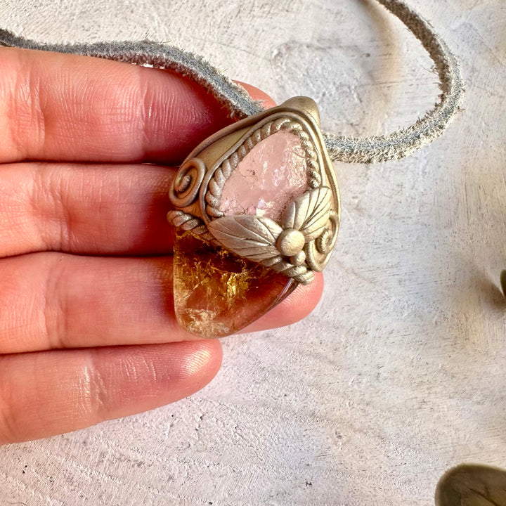 One of a kind gemstone necklace with polished golden Citrine and soft pink Morganite.