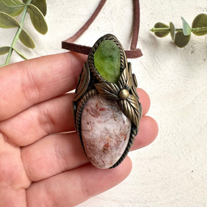 Handmade crystal necklace with Hematite Quartz and Peridot for meditation, altar tools, and spiritual rituals.