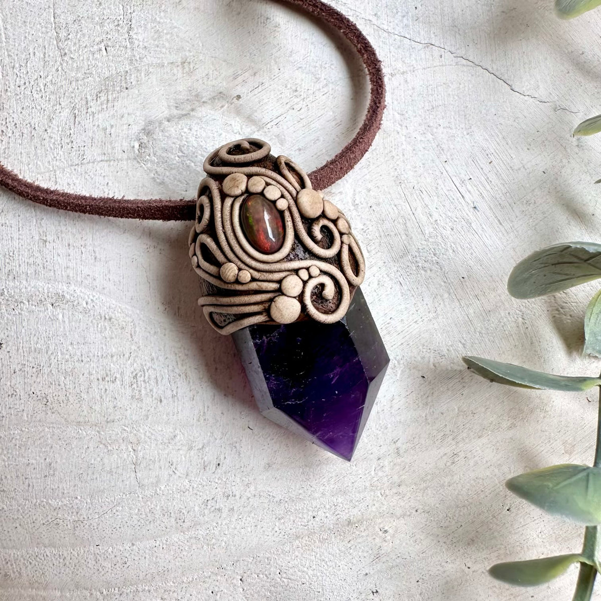 Polished Amethyst and Black Ethiopian Opal Pendant Necklace / Unisex Handmade Talisman