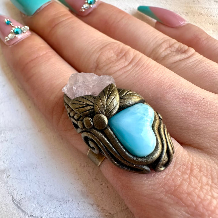 One of a kind larimar and rose quartz gemstone ring