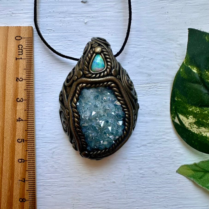 Aqua Aura Quartz Cluster and Australian Opal Necklace - FairyGardenGlow