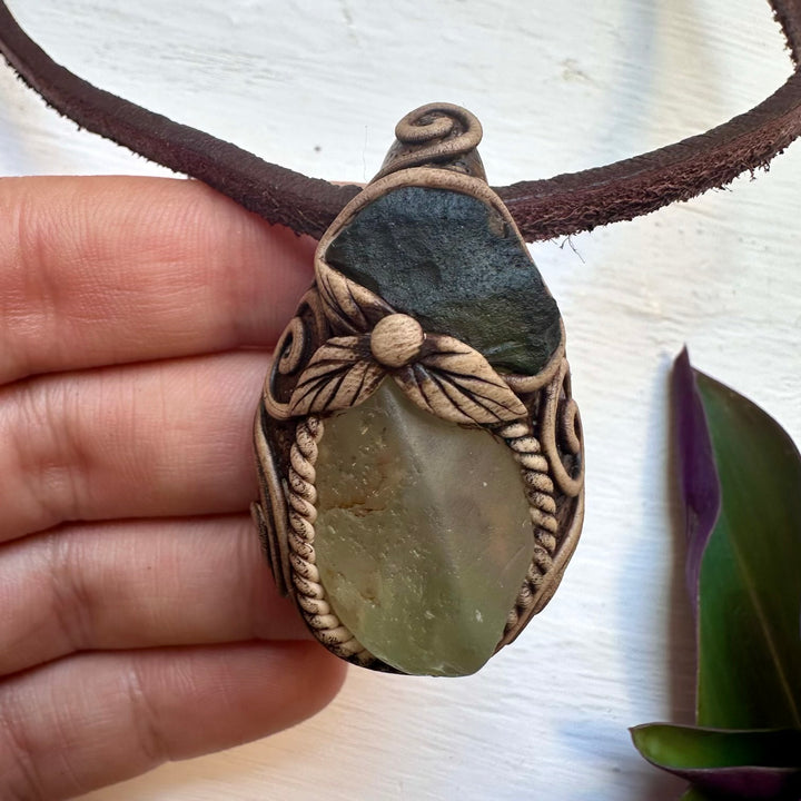 Raw Blue Topaz and Moldavite Necklace - FairyGardenGlow