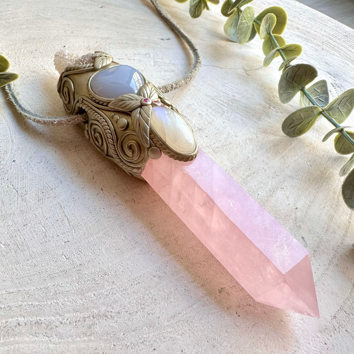 Unique pendant wand combining a Blue Chalcedony Heart with Rose Quartz, Moonstone and Ruby.