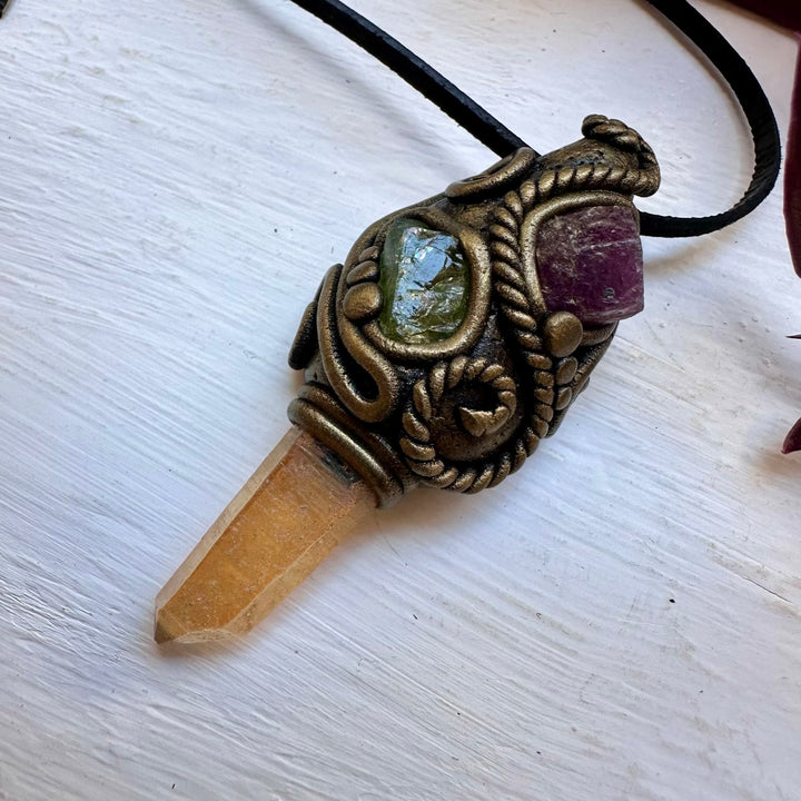 Tangerine Aura Quartz Peridot and Ruby Necklace - FairyGardenGlow