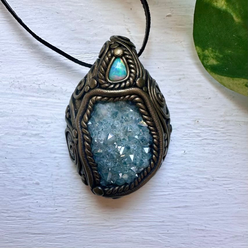 Aqua Aura Quartz Cluster and Australian Opal Necklace - FairyGardenGlow