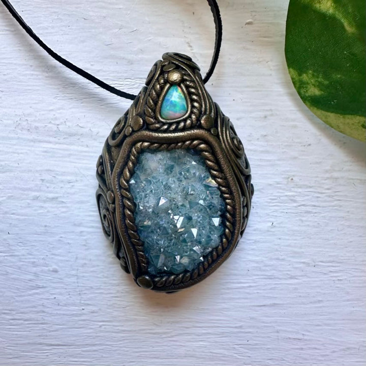 Aqua Aura Quartz Cluster and Australian Opal Necklace - FairyGardenGlow