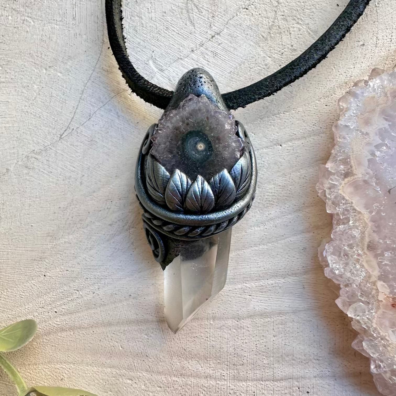 Lemurian Seed Quartz and Amethyst Stalactite Pendant Necklace