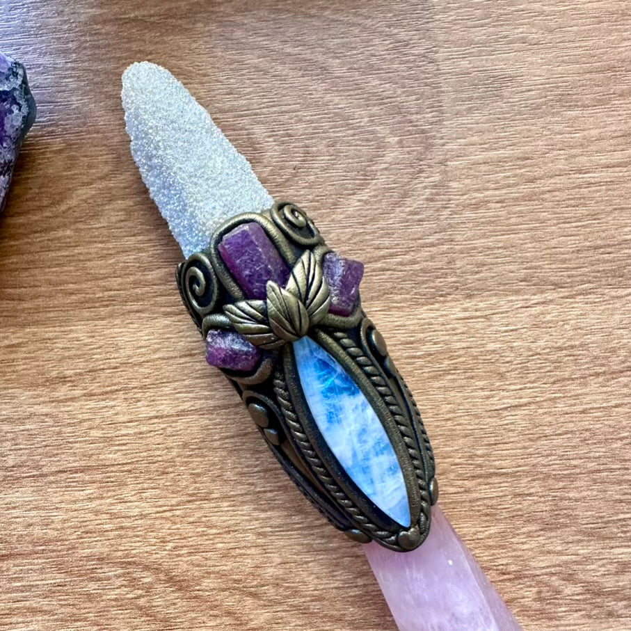Lavender Fluorite Wand, Rainbow Moonstone, Ruby and Angel Aura Spirit Quartz Crystal Wand - FairyGardenGlow