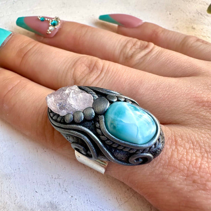 Unique raw rose quartz crystal ring