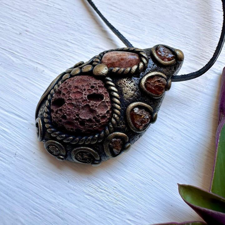 Lava Stone Sunstone and Hessonite Garnet Necklace - FairyGardenGlow
