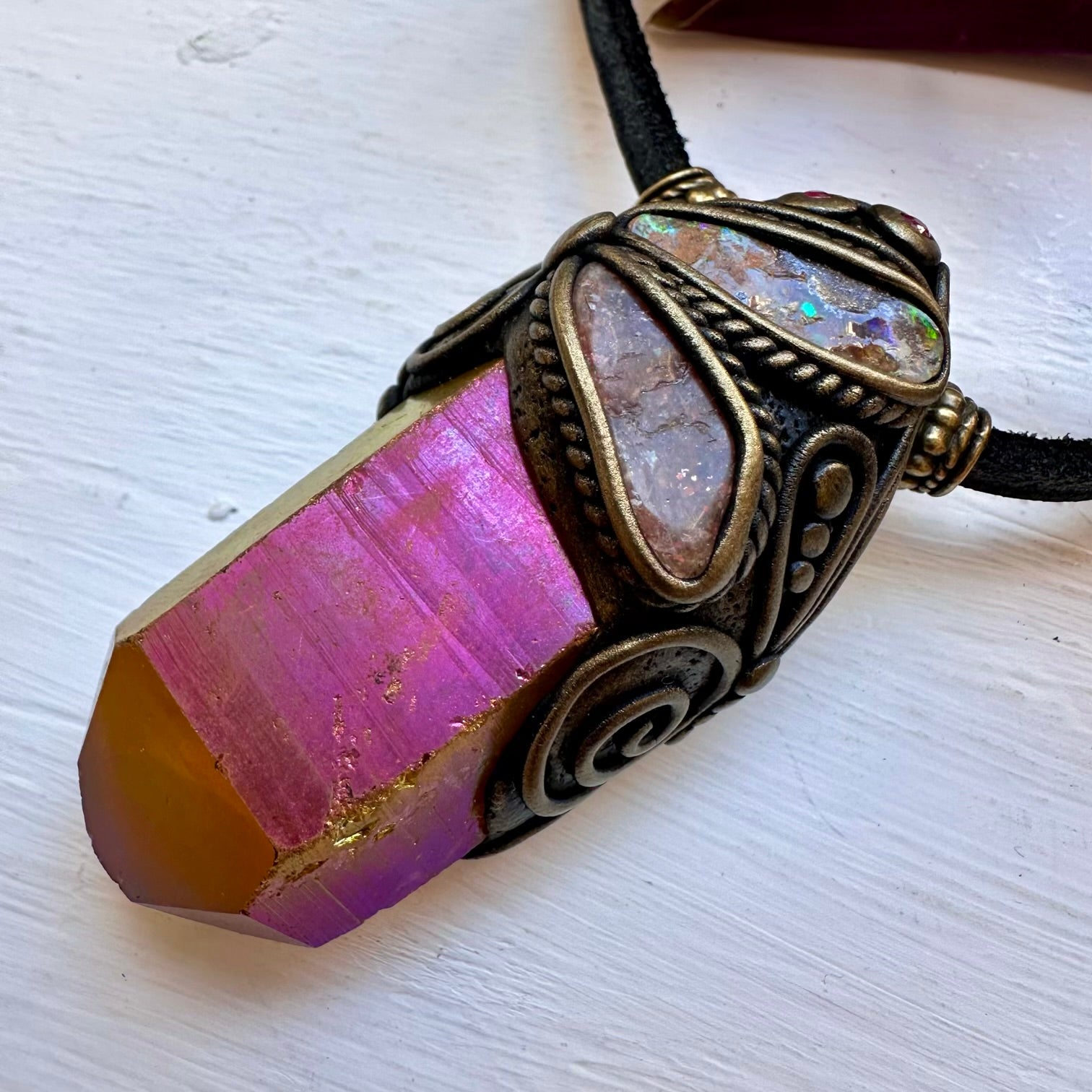 Sunset Aura Quartz Sunstone Boulder Opal and Ruby Wand / Necklace - FairyGardenGlow