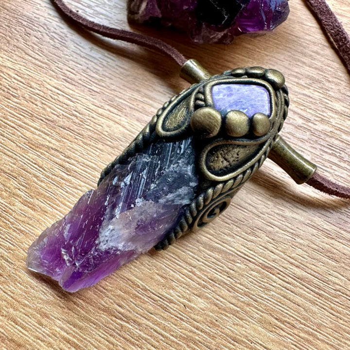 Raw Purple Fluorite and Charoite Pendant Necklace, Spiritual Handmade Jewelry - FairyGardenGlow