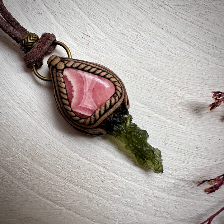 Moldavite and Rhodochrosite Necklace - FairyGardenGlow