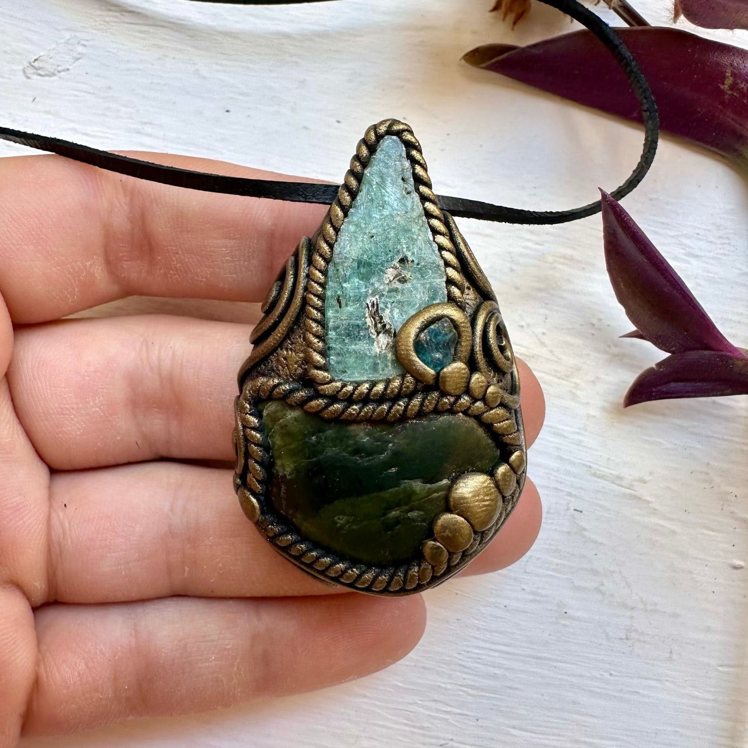 Nephrite Green Kyanite and Raw Blue Apatite Pendant Necklace - FairyGardenGlow