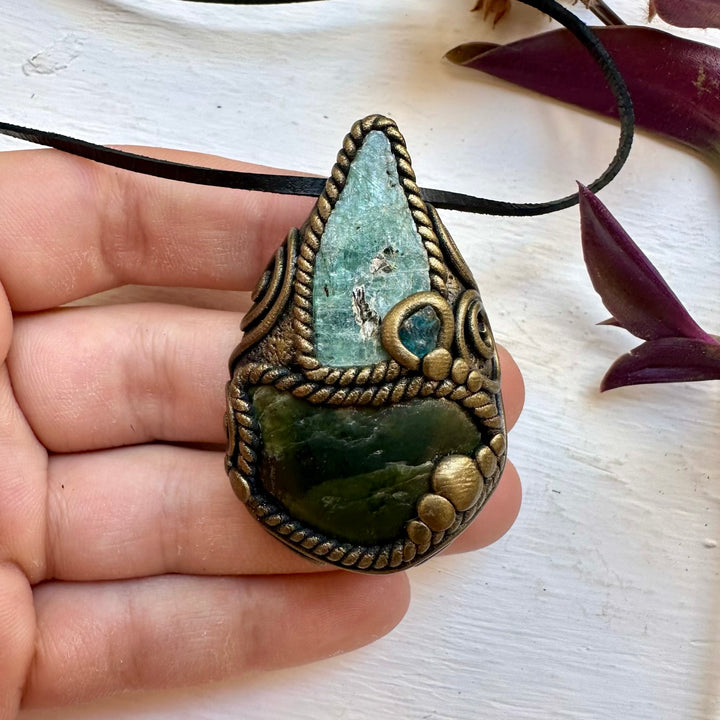 Nephrite Green Kyanite and Raw Blue Apatite Pendant Necklace - FairyGardenGlow