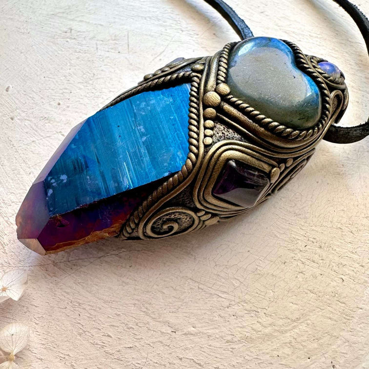 Cobalt Aura Quartz, Blue Labradorite Heart, Tanzanite, Amethyst and Australian Opal Crystal Wand / Unique Crystal Pendant - FairyGardenGlow