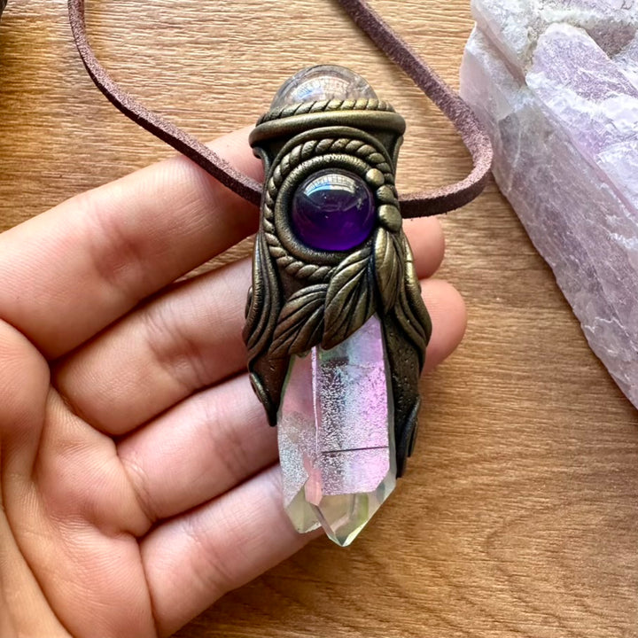 Angel Aura Quartz Clear Quartz Sphere and Amethyst Healing Crystal Talisman / Mini Crystal Wand - FairyGardenGlow