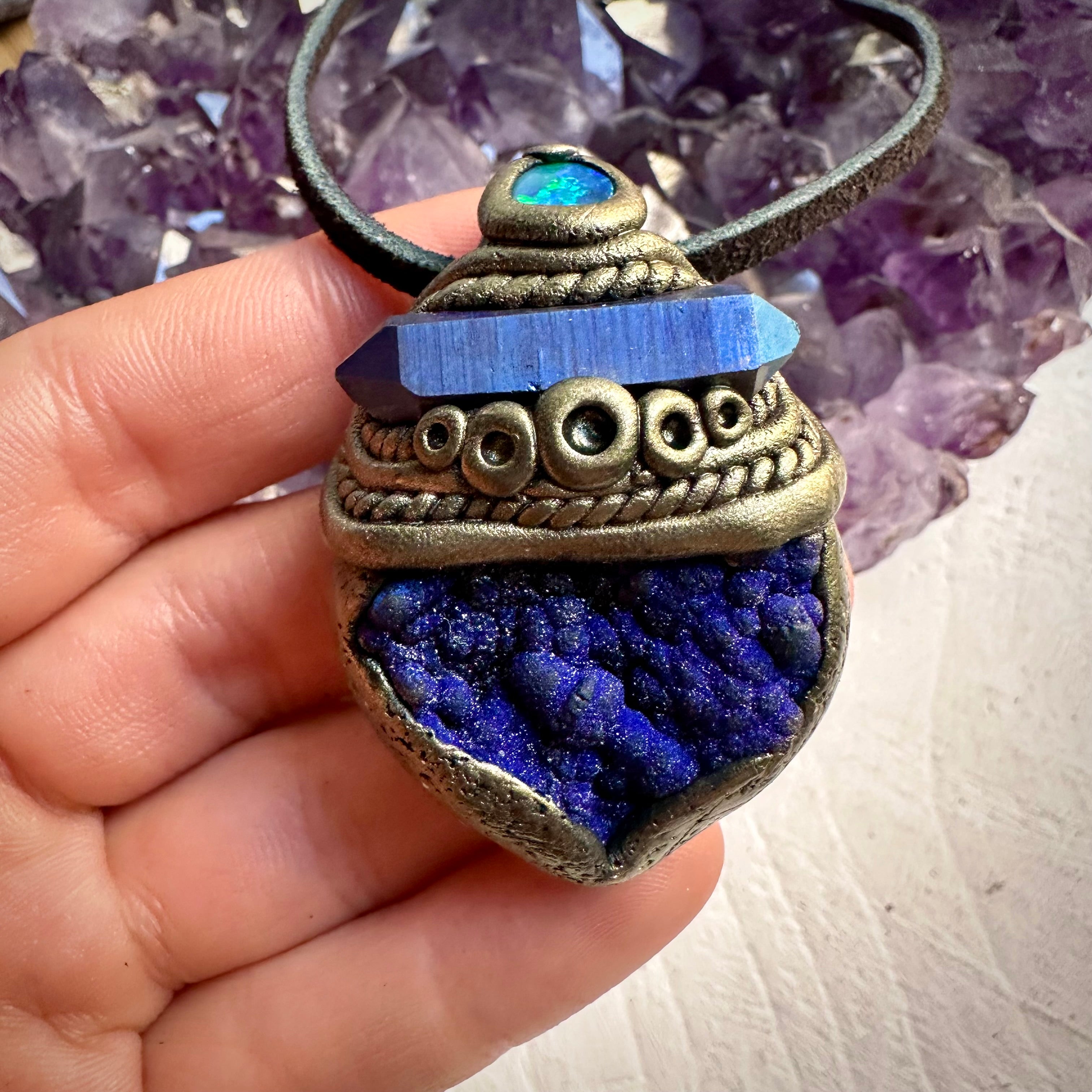 Azurite with Cobalt Aura Quartz and Black Australian Opal Pendant Necklace - FairyGardenGlow