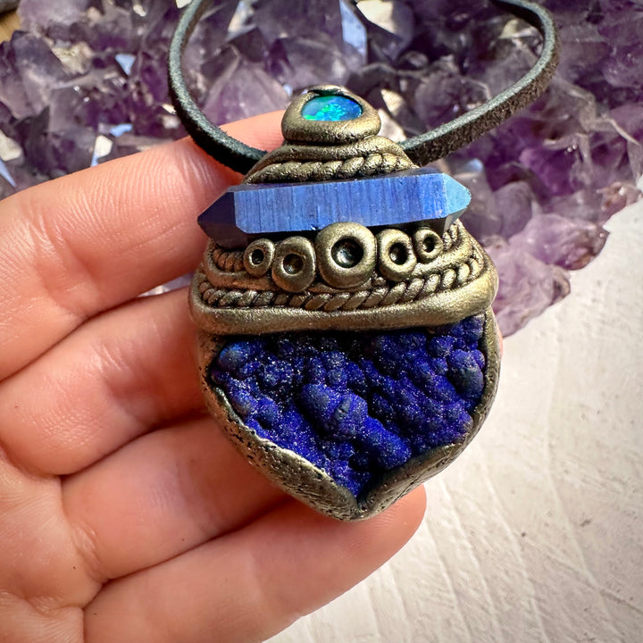 Azurite with Cobalt Aura Quartz and Black Australian Opal Pendant Necklace - FairyGardenGlow