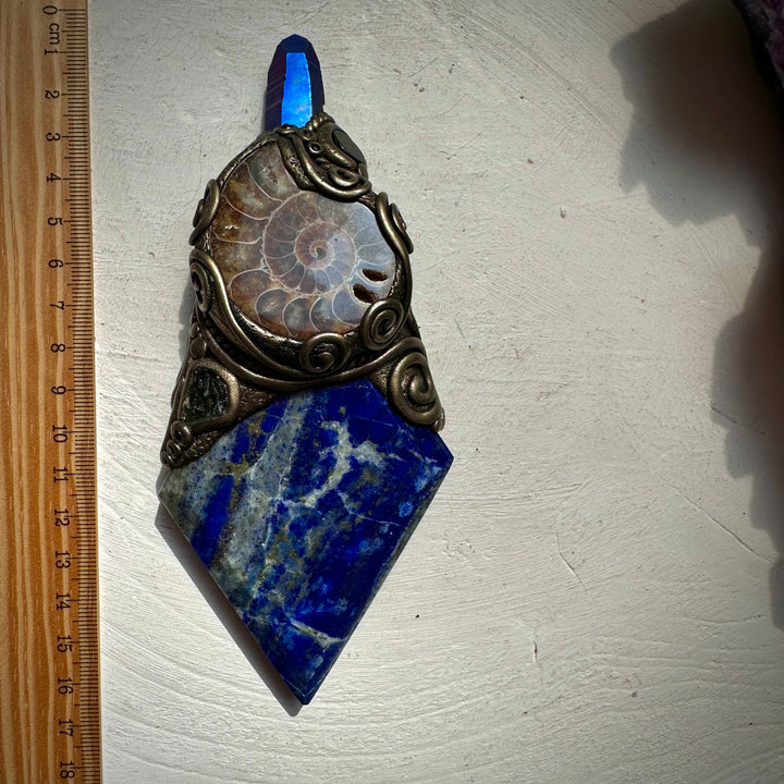 Lapis Lazuli Ammonite Cobalt Aura Quartz Moldavite and Black Onyx Wand / Meditation Focus - FairyGardenGlow