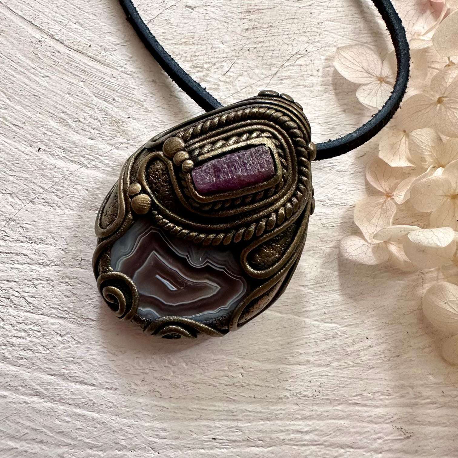 Botswana Agate and Ruby Pendant - FairyGardenGlow