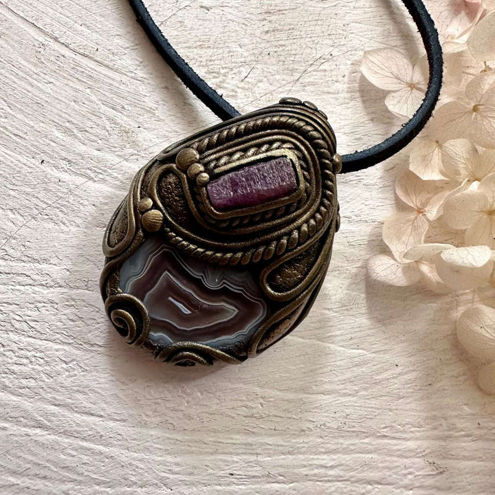 Botswana Agate and Ruby Pendant - FairyGardenGlow