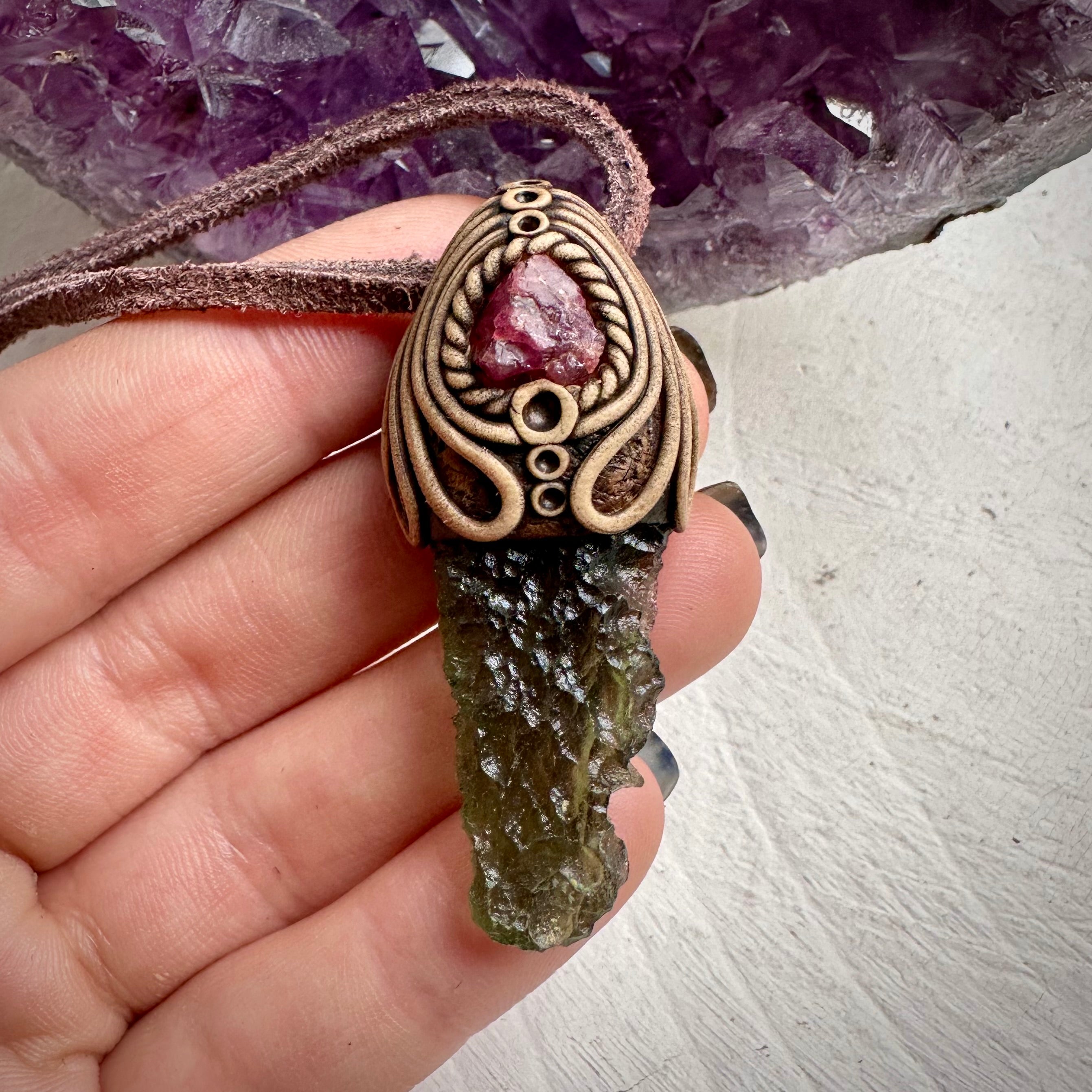 Moldavite and Raw Spinel Necklace - FairyGardenGlow