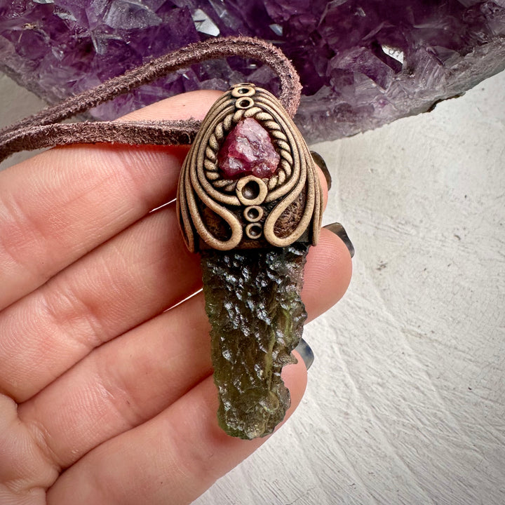 Moldavite and Raw Spinel Necklace - FairyGardenGlow