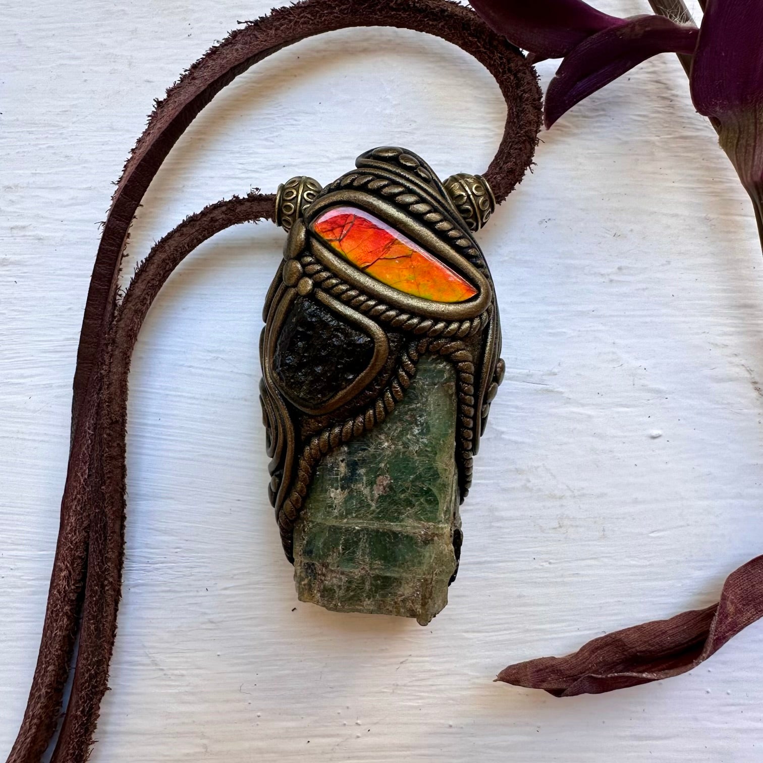 Green Kyanite Ammolite and Moldavite Pendant Necklace - FairyGardenGlow