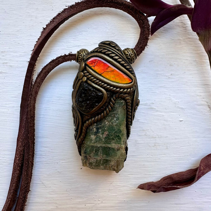 Green Kyanite Ammolite and Moldavite Pendant Necklace - FairyGardenGlow