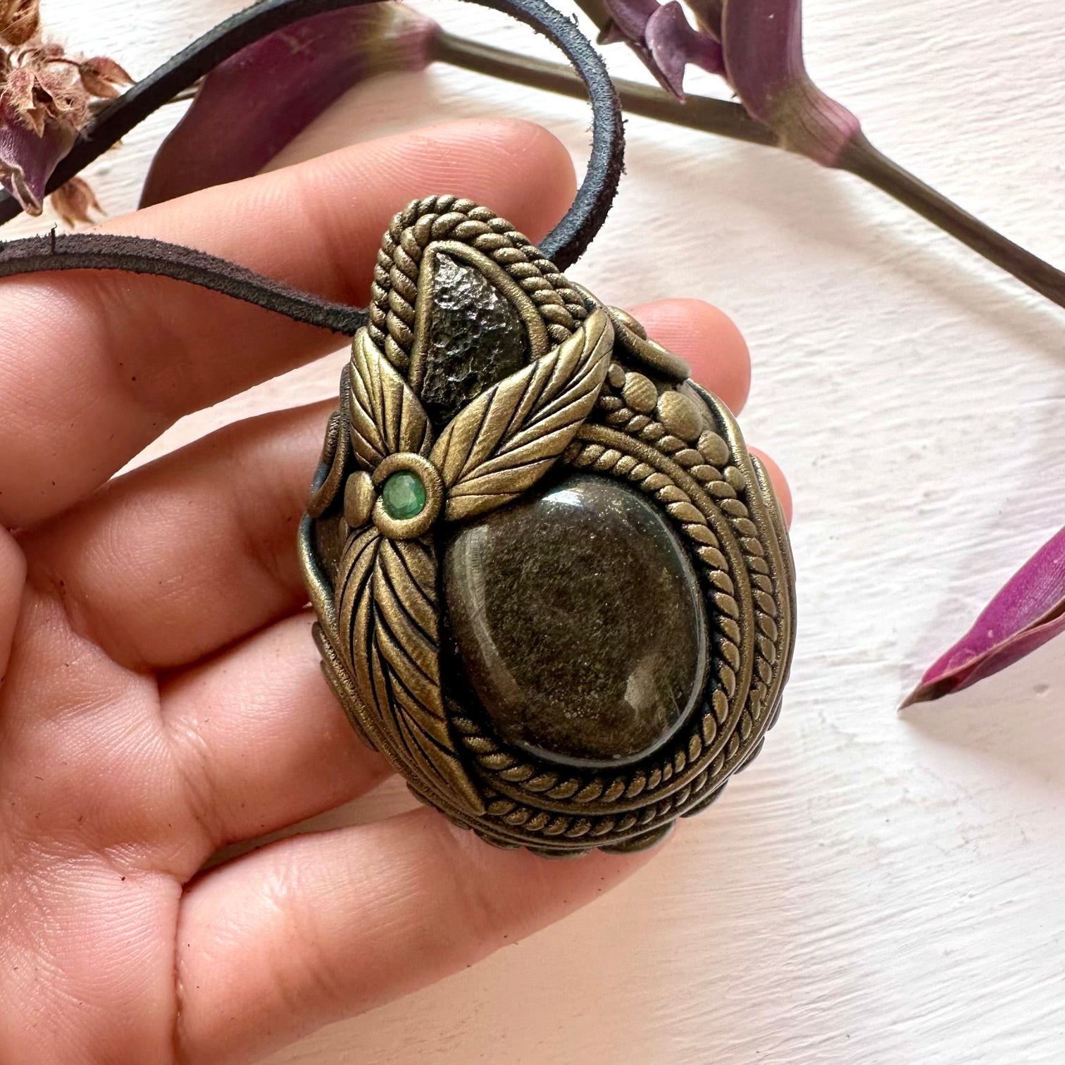 Gold Sheen Obsidian Moldavite and Emerald Necklace - FairyGardenGlow