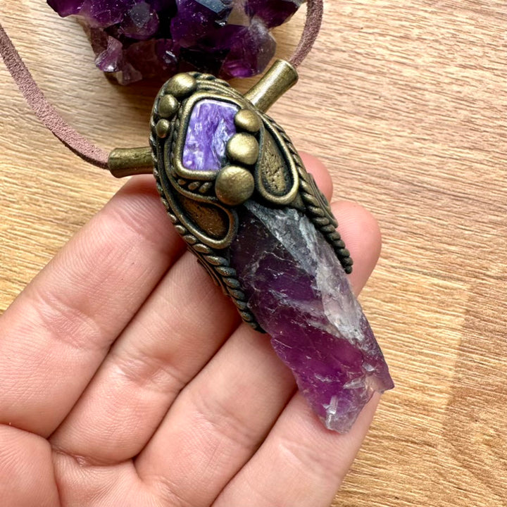 Raw Purple Fluorite and Charoite Pendant Necklace, Spiritual Handmade Jewelry - FairyGardenGlow
