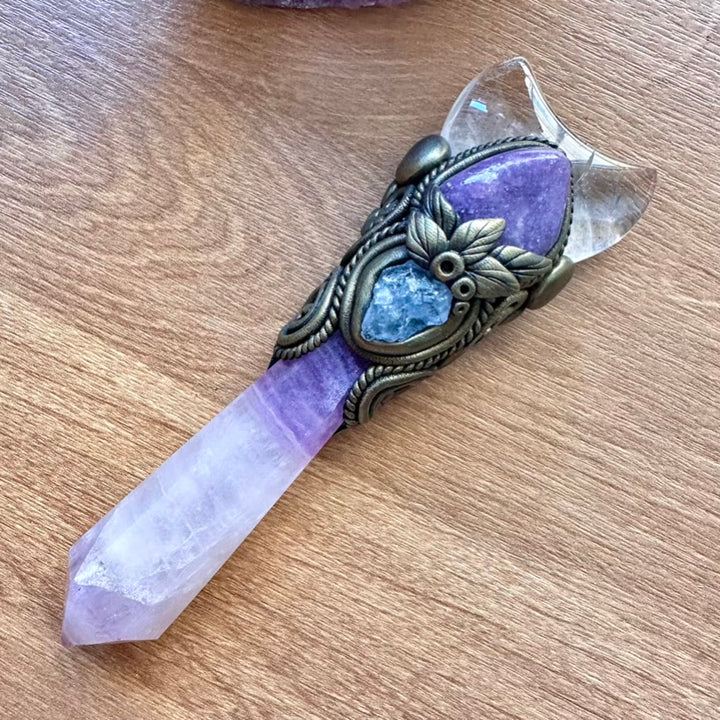 Lavender Fluorite Wand, Clear Quartz Moon, Lepidolite and Celestite Handmade Crystal Wand - FairyGardenGlow