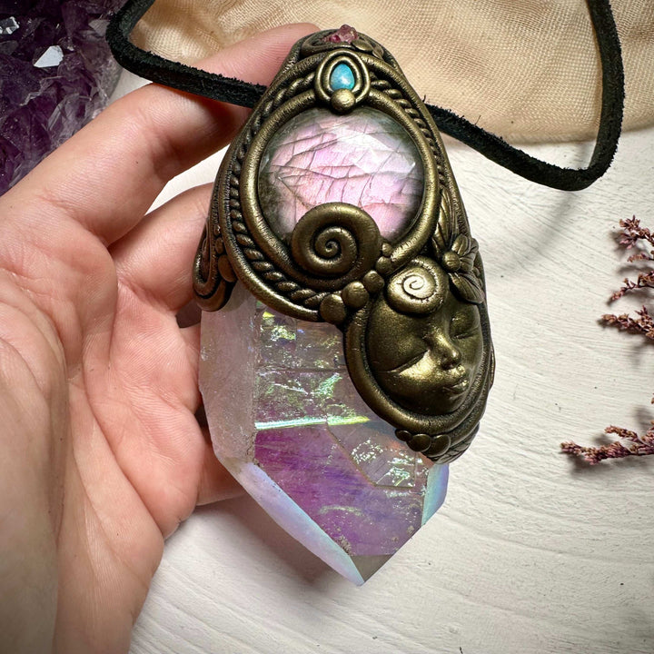 Large Angel Aura Quartz Labradorite Australian Opal and Spinel Goddess Wand / Pendant - FairyGardenGlow