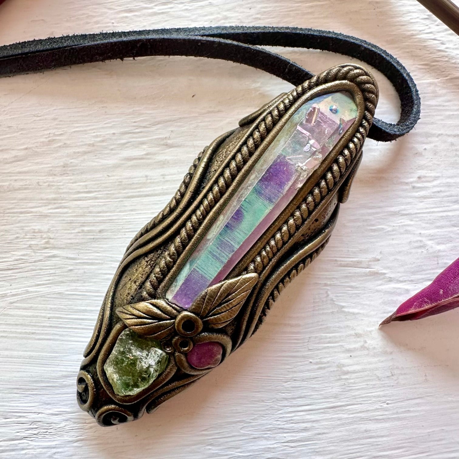 Angel Aura Quartz Raw Peridot and Ruby Necklace - FairyGardenGlow