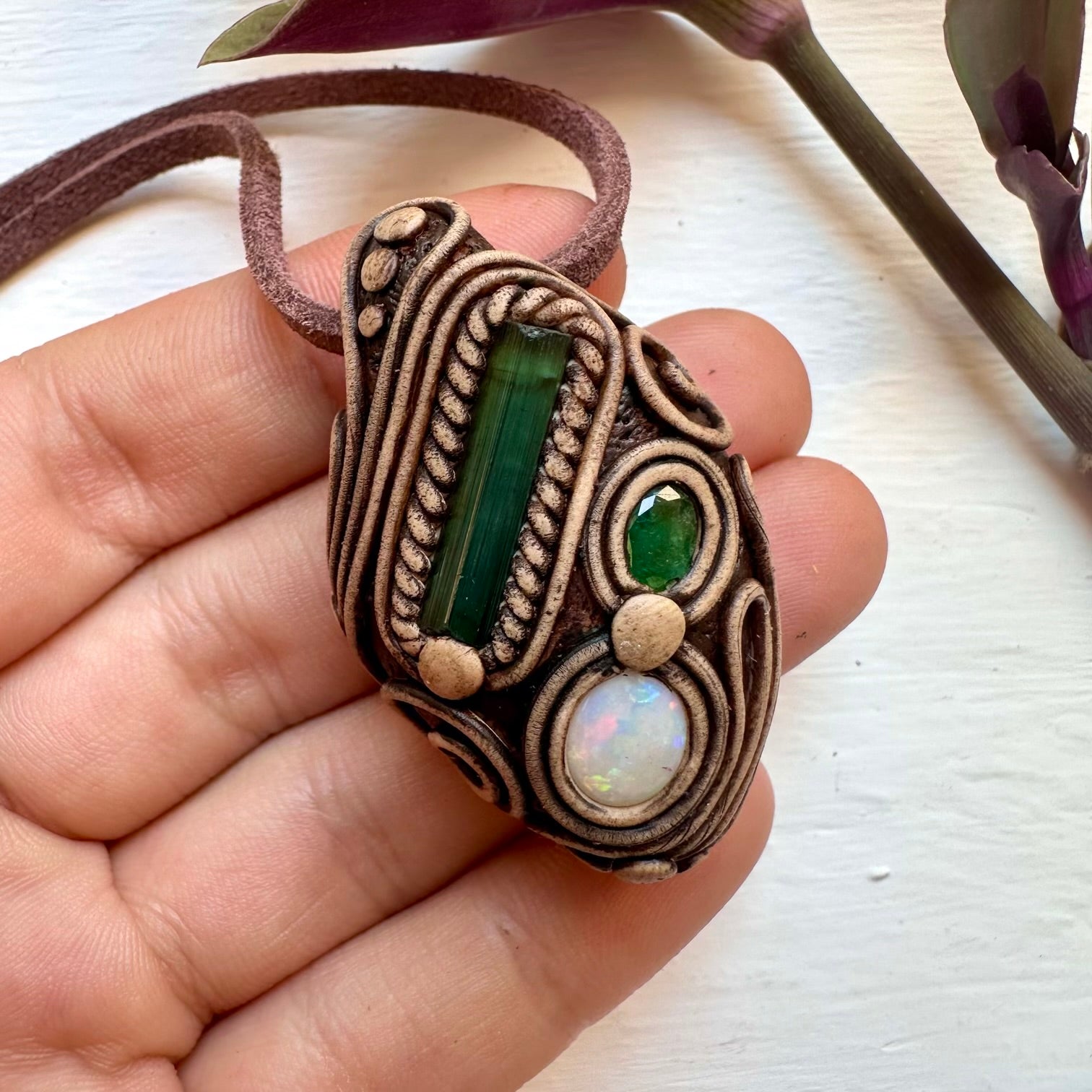 Green Tourmaline Emerald and Australian Opal Necklace - FairyGardenGlow
