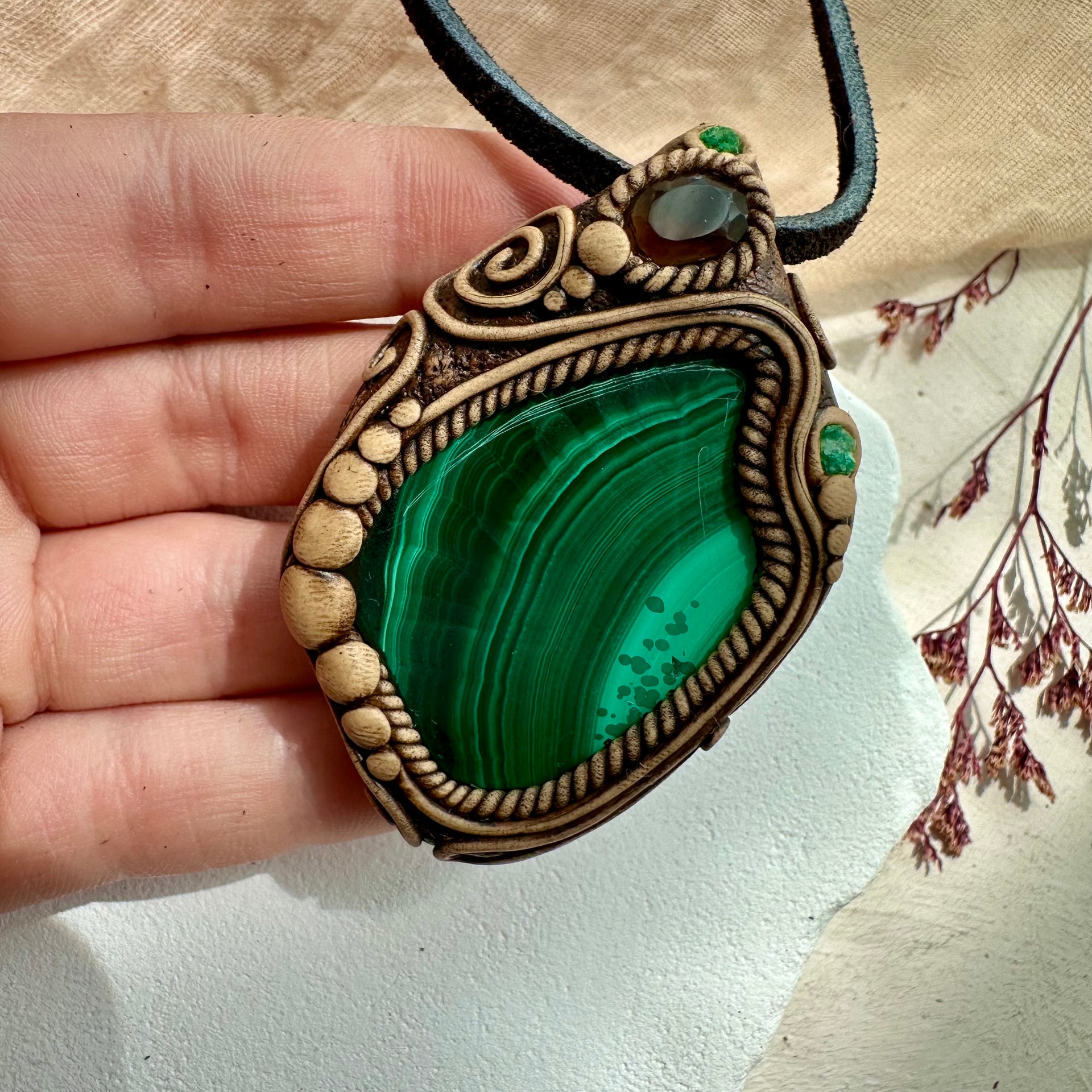 Malachite Smoky Quartz and Emerald Pendant