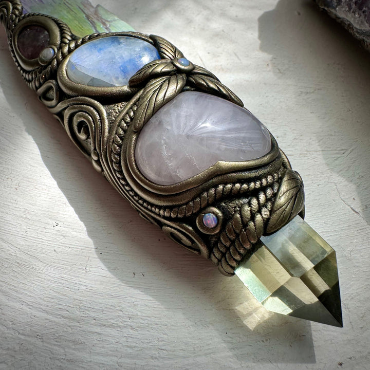 Angel Aura Kunzite with Citrine Point Rose Quartz Heart Strawberry Quartz Rainbow Moonstone and Australian Opal Wand - FairyGardenGlow