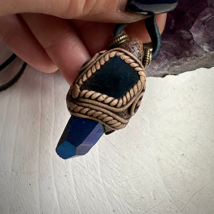 Cobalt Aura Quartz and Black Tourmaline Pendant Necklace - FairyGardenGlow