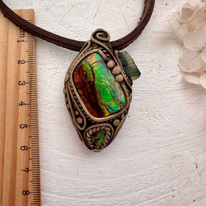 Ammolite Boulder Opal and Moldavite Necklace - FairyGardenGlow