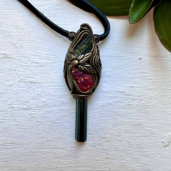 Blue-Green Tourmaline Vanadinite and Moldavite Necklace, Healing Crystal Jewelry - FairyGardenGlow