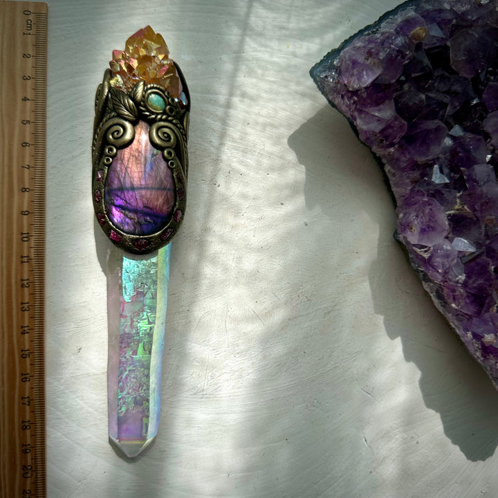 Long Angel Aura Quartz Sunset Aura Spirit Quartz Labradorite Raw Ruby and Australian Opal Wand - FairyGardenGlow