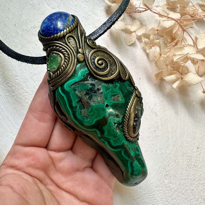 Malachite with Lapis Lazuli Moldavite and Tsavorite Wand / Pendant - FairyGardenGlow