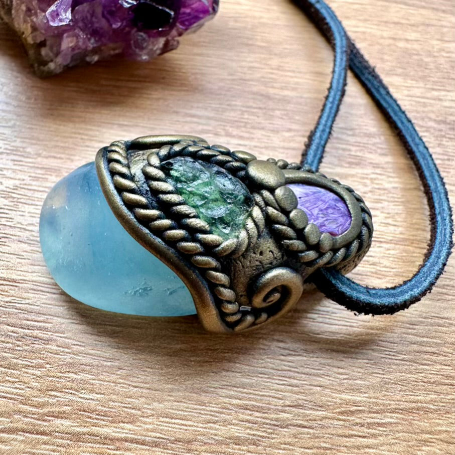 Aquamarine Charoite and Moldavite Necklace, Handmade Crystal Jewelry - FairyGardenGlow