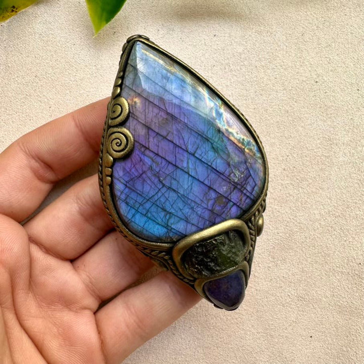 Gorgeous Large Purple Labradorite with Moldavite and Tanzanite Pendant Necklace, Handmade Spiritual Jewelry - FairyGardenGlow