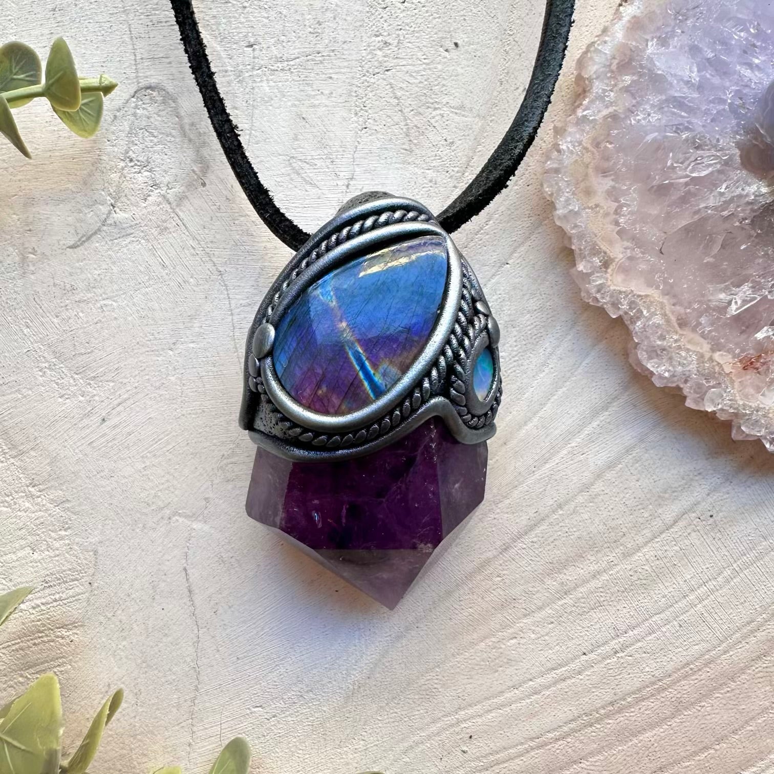 Polished Amethyst Labradorite and Raw Ethiopian Opal Wand / Pendant Necklace