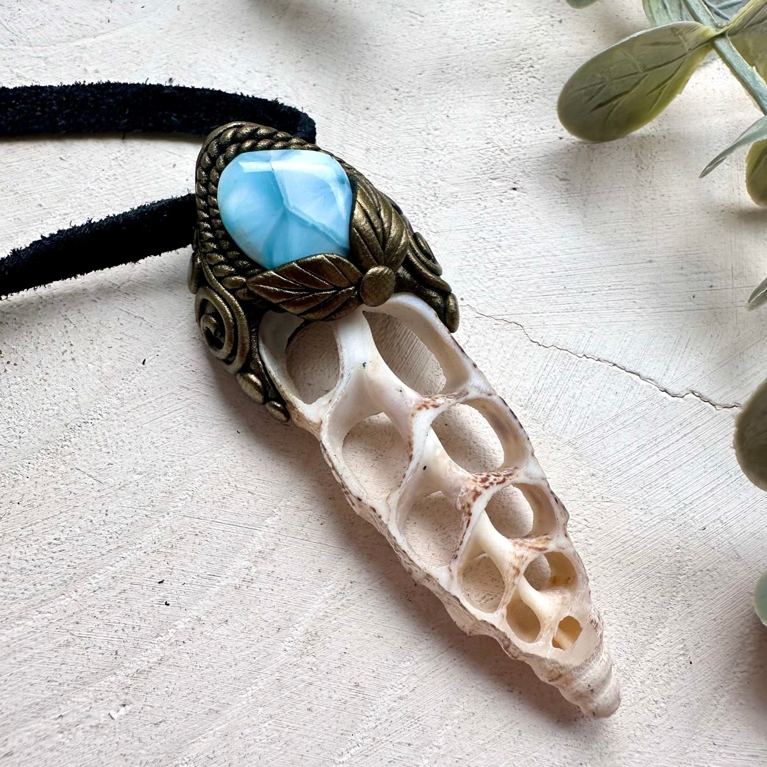 Handmade gemstone necklace with natural Seashell Slice and Larimar